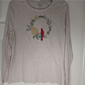 CROFT & BARROW WOMEN T-SHIRT Christmas Print Cream LONGSLEEVE SIZE XL